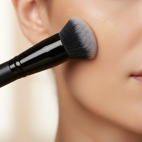 Makeup brush applying powder to a person's cheek with a blurred background
