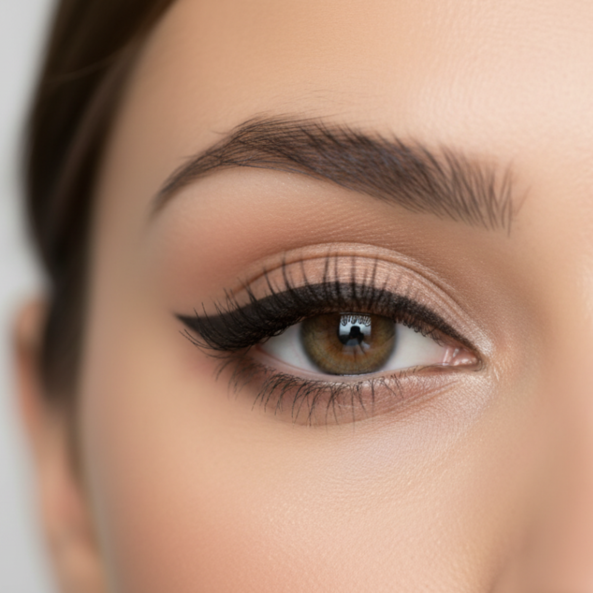 Close-up of a woman's eye with makeup on a neutral background