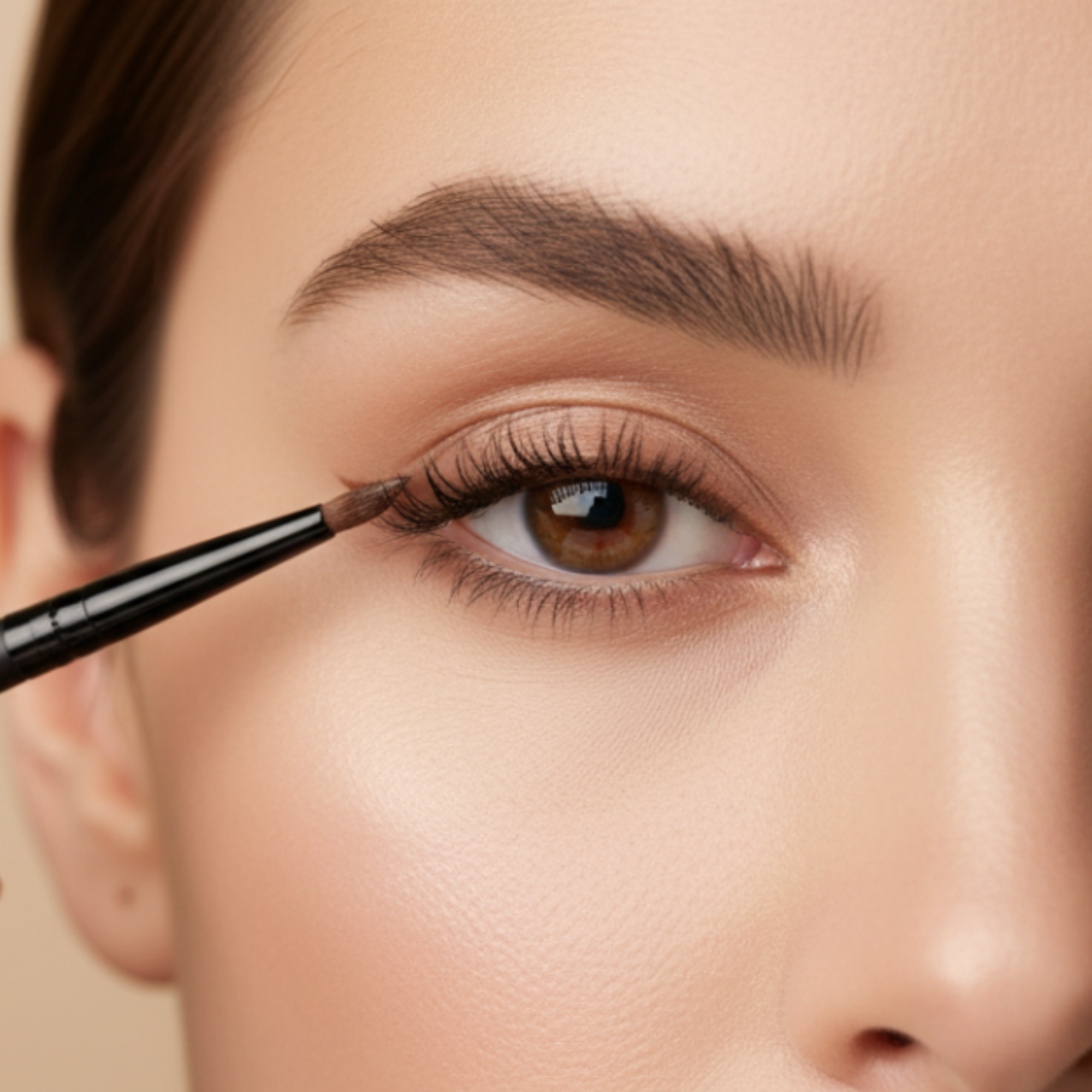 Close-up of a person applying eyeliner with a brush on a beige background