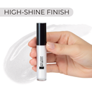 Hand holding a cosmetic product with 'High-Shine Finish' text above