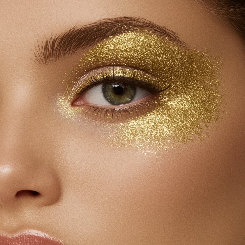 Close-up of a woman's eye with gold eyeshadow