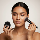 Woman applying makeup with a brush and compact mirror on a neutral background