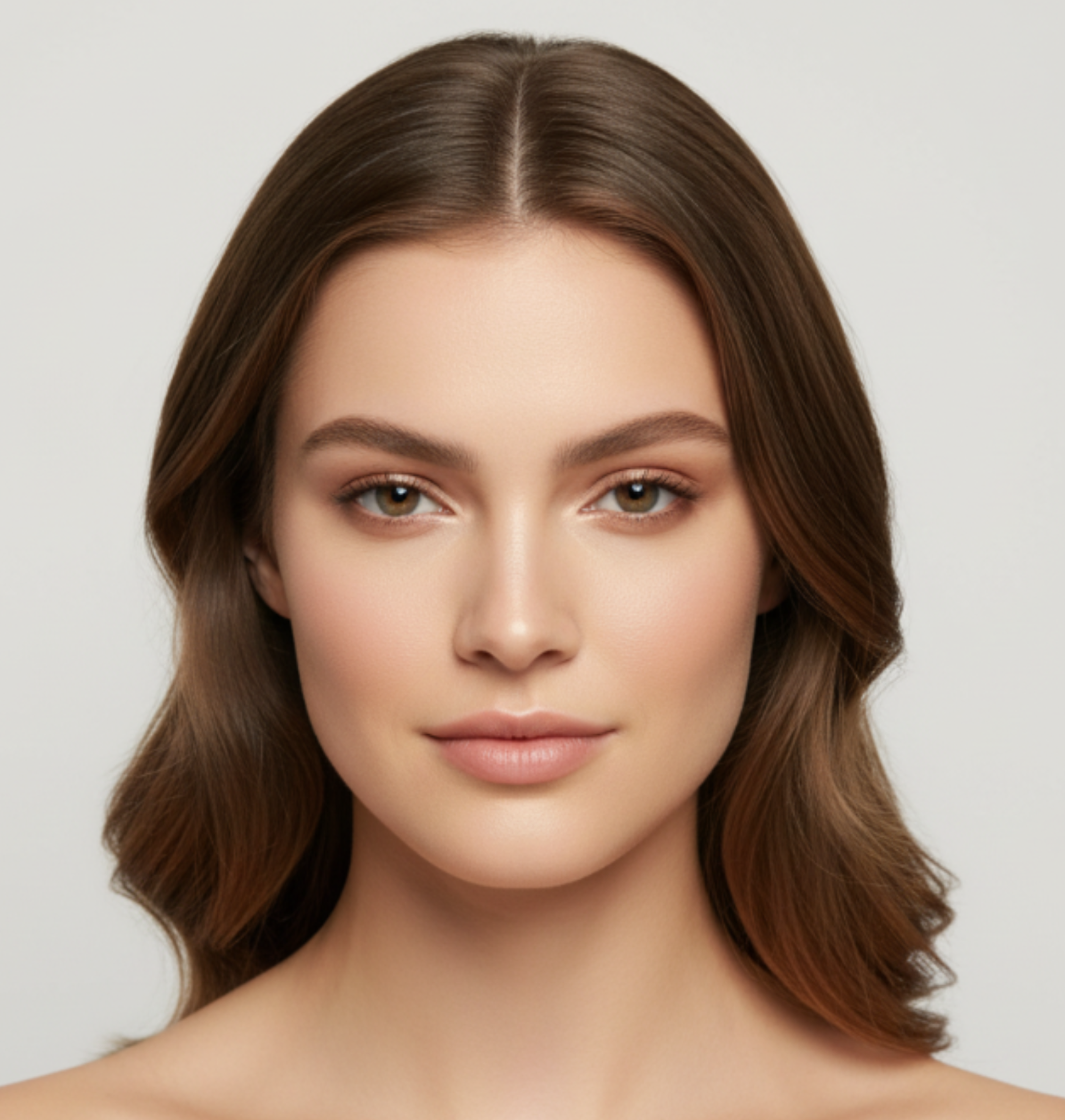 Woman with long, wavy brown hair against a plain background
