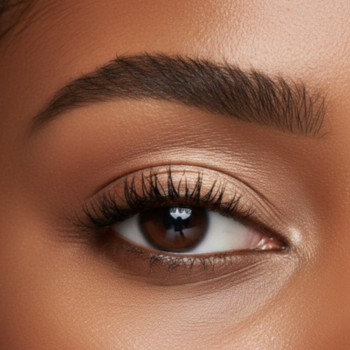 Close-up of a brown eye with well-defined eyeliner and mascara.