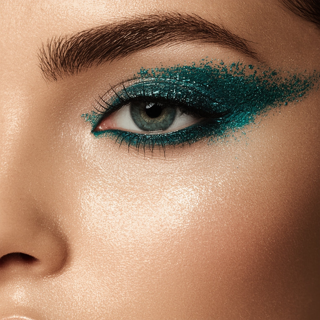Close-up of a woman's eye with teal glittery eyeliner