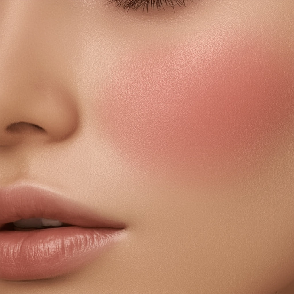 Close-up of a woman's face with pink blush on cheek