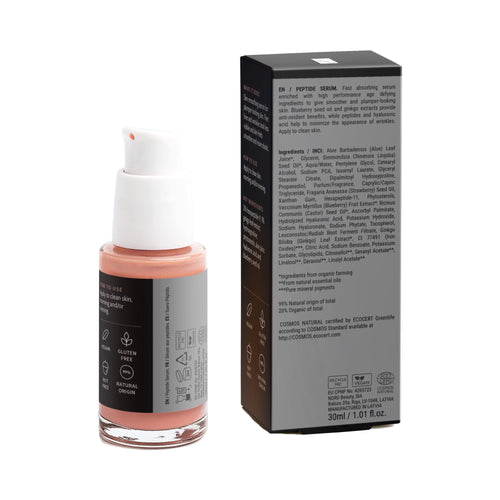 Peptide Renewal Serum, bottle and box, back view with ingredients and directions