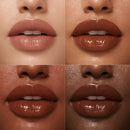 Four different shades of lipstick applied to lips on a neutral background