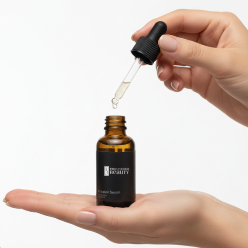 Hand holding a dropper over a bottle labeled 'True Beauty' on a white background