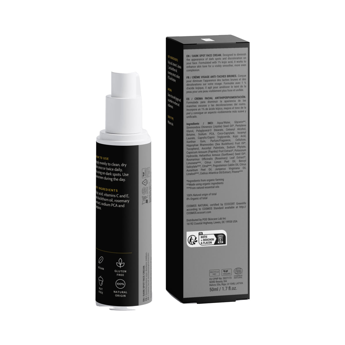Kojic Acid Dark Spot Cream, bottle and box, back view with ingredients and directions