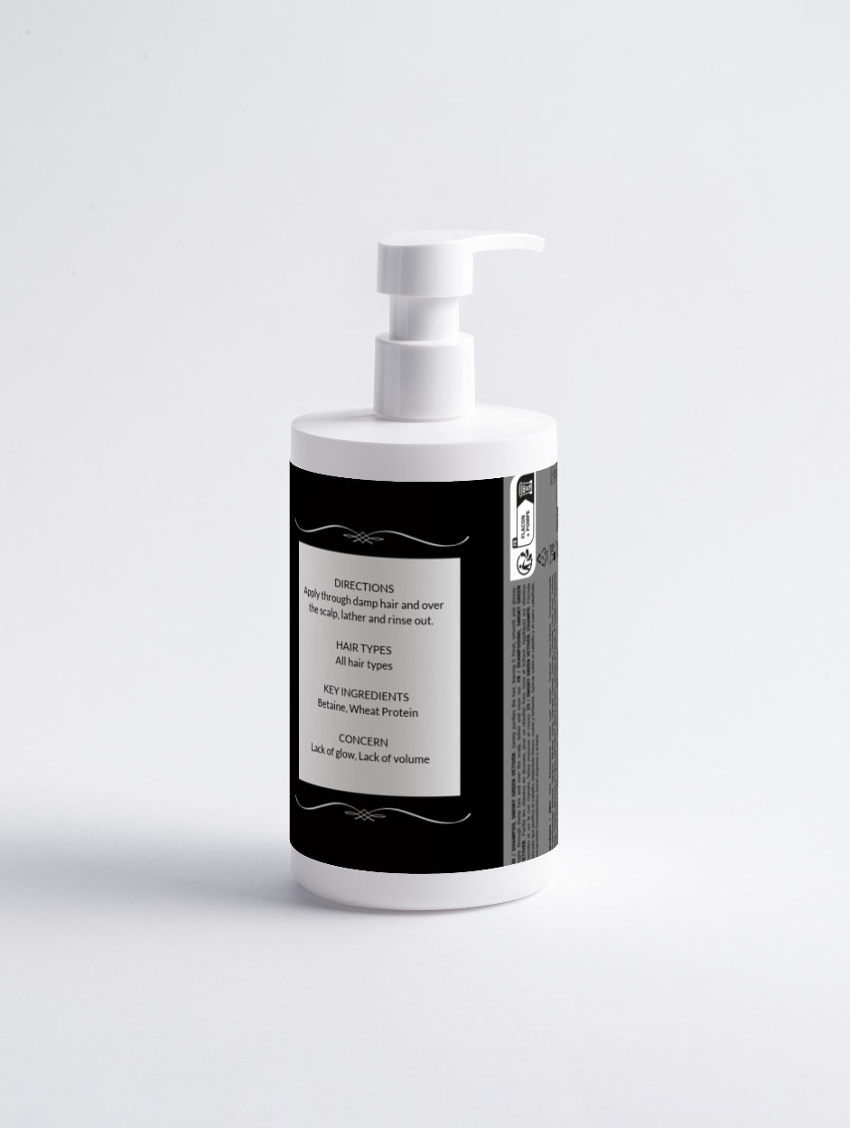 White bottle with a black label on a light gray background