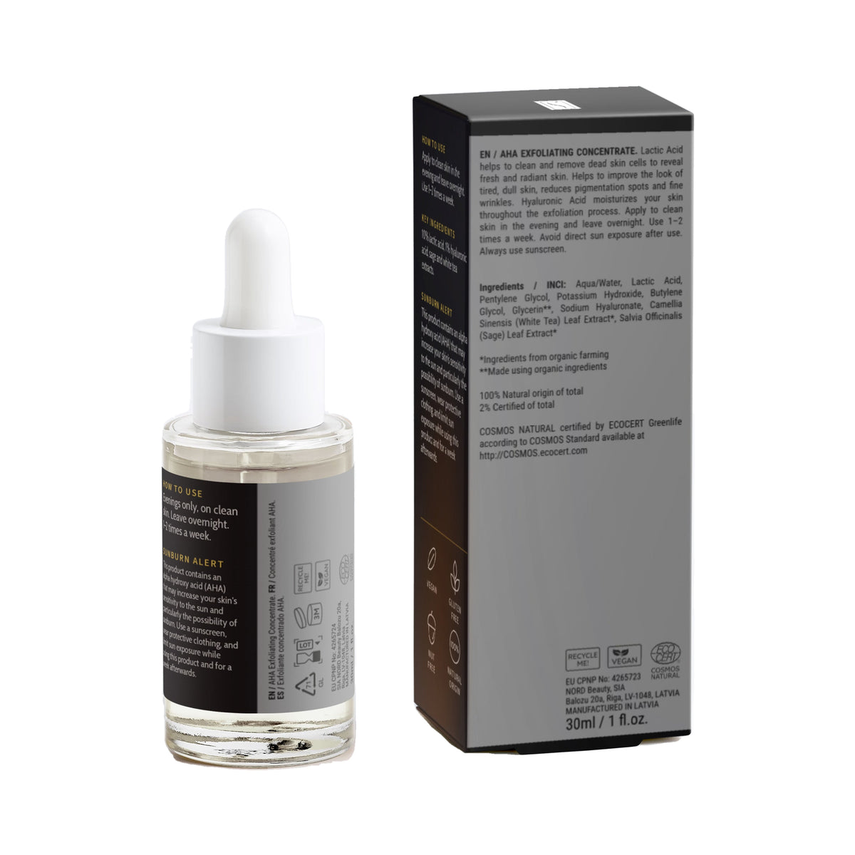 AHA Exfoliating Concentrate, bottle and box, back view with ingredients and directions