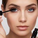 Woman applying mascara with a brush against a neutral background