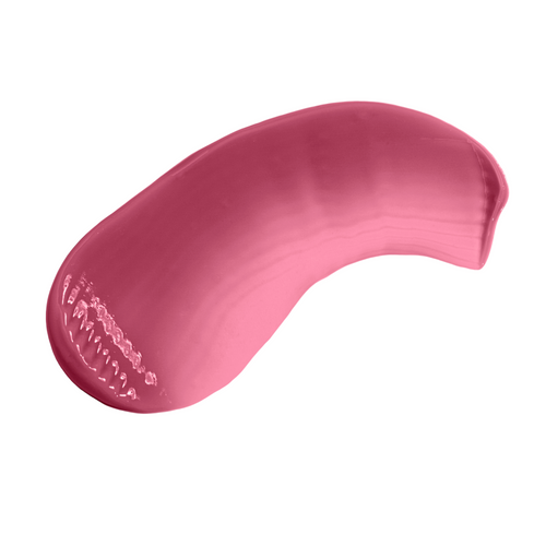 Pink lip balm smear with brand name on a white background