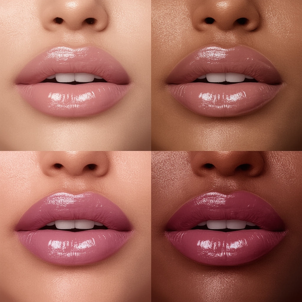 Collage of four close-up images of lips with a pink lip color on different skin tones.