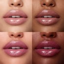 Collage of four close-up images of lips with a pink lip color on different skin tones.