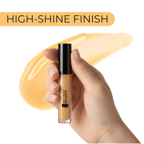 Hand holding a cosmetic product with 'High-Shine Finish' text and swatch in the background