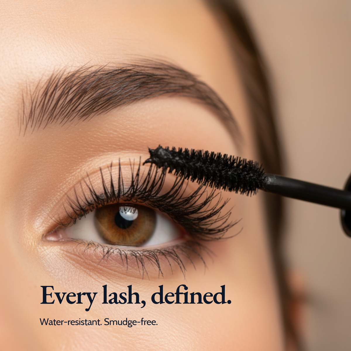 Close-up of a woman's eye with long, defined lashes  'Every lash, defined.