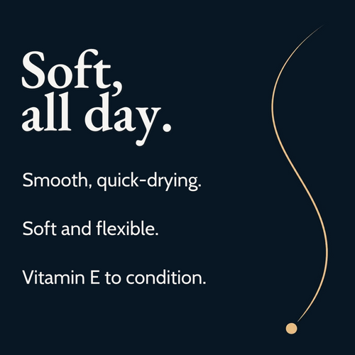 Dark navy promotional graphic with white text reading 'Soft, all day.' and smaller descriptive copy about smooth, quick-drying, soft and flexible, and Vitamin E conditioning.