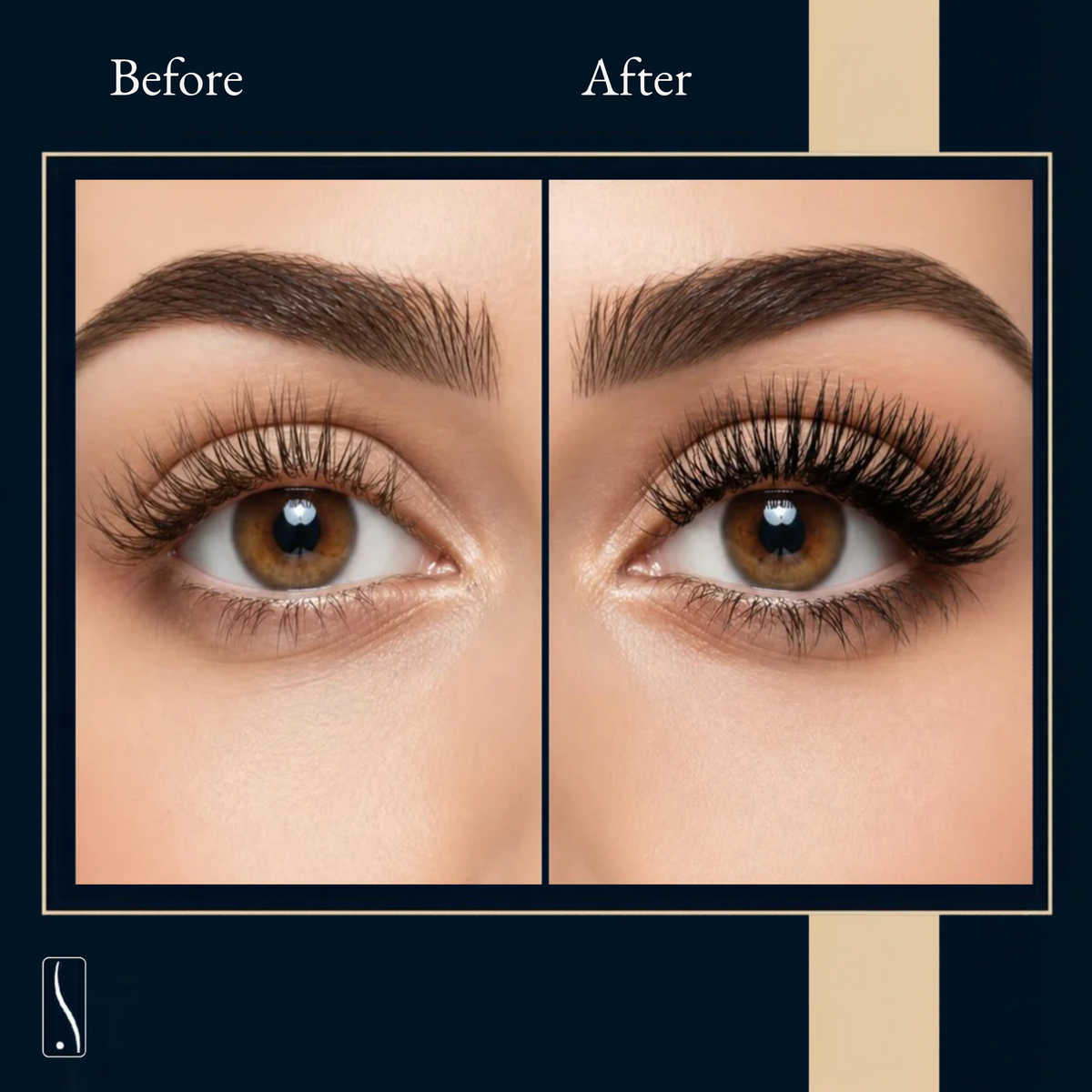 Before and after comparison of eyelash enhancement on a woman's eye, showing natural lashes on the left and fuller, longer curled lashes on the right. 