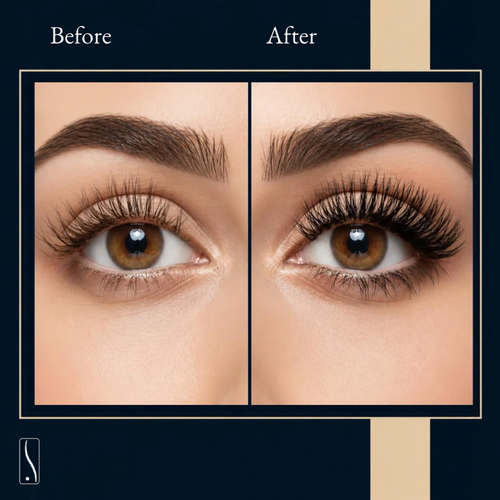 Before and after comparison of eyelash enhancement on a woman's eye, showing natural lashes on the left and fuller, longer curled lashes on the right. 