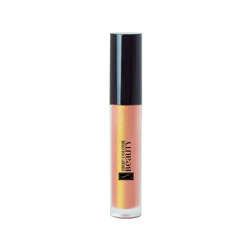 True Shine Lip Gloss - Seduction, close-up of sleek black tube with white lid, showcasing high-impact formula for fuller, illuminated lips with shimmer and natural finishes.