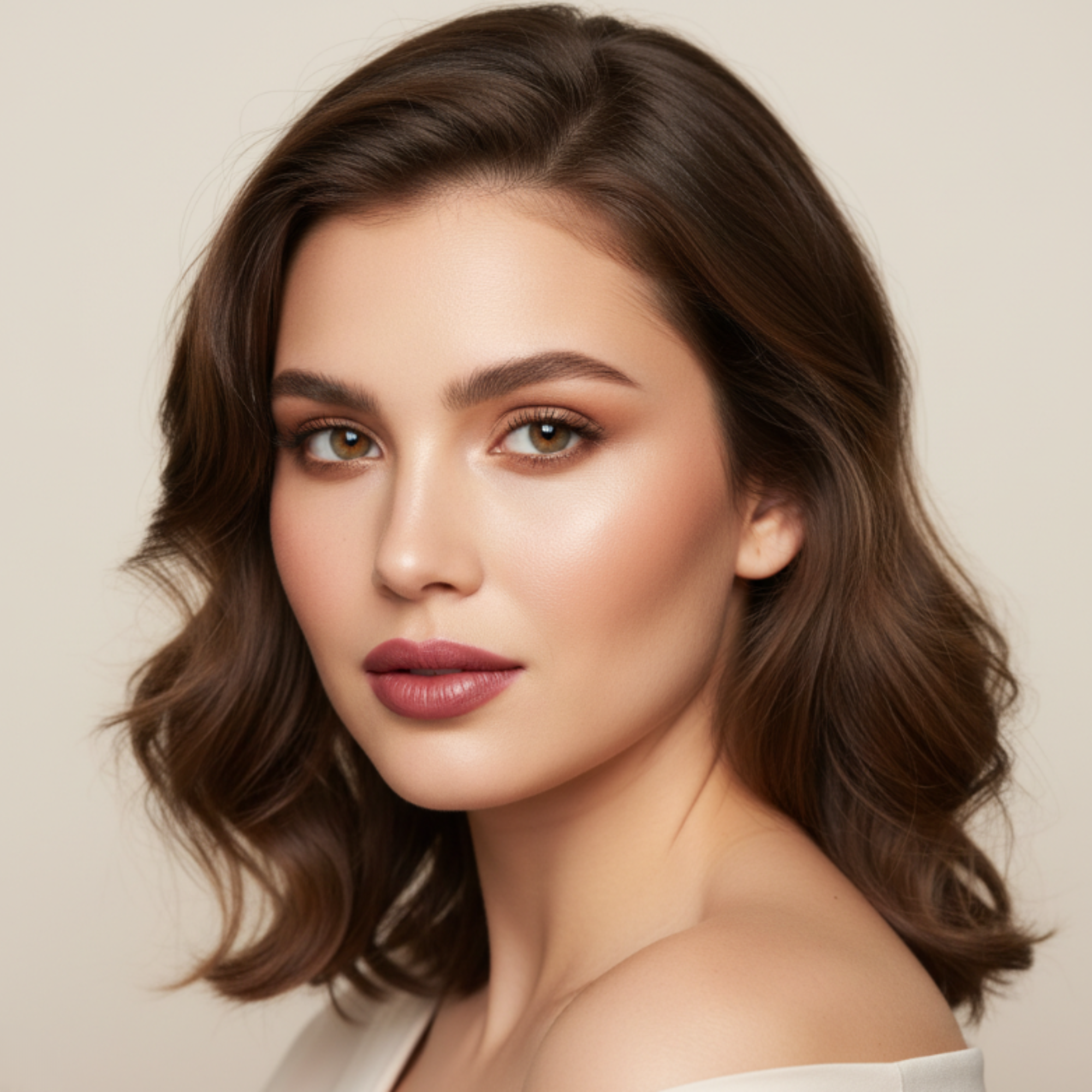 Woman with wavy brown hair and neutral makeup against a beige background