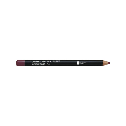 Lip Liner - Antique Rose: Close-up of a black tube with white text, highlighting a no-smudge, long-lasting formula for perfect lip definition.