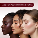 Three women with different skin tones with text 'Made for all skin types & tones' on a beige background