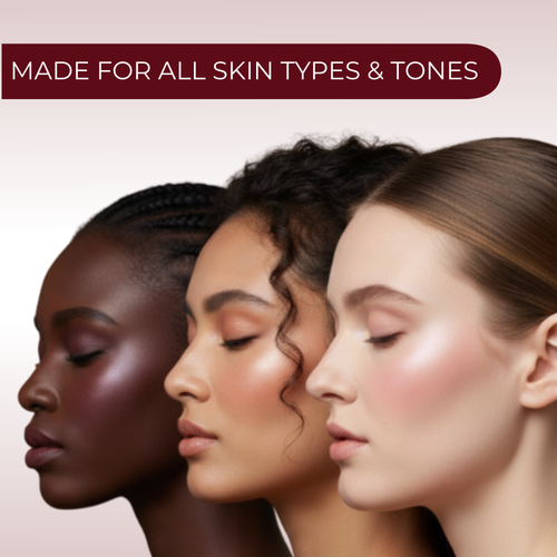 Three women with different skin tones with text 'Made for all skin types & tones' on a beige background