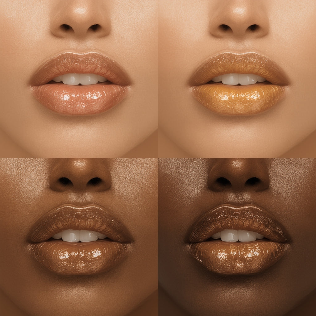 Close-up of lips with different lip colors on a neutral background