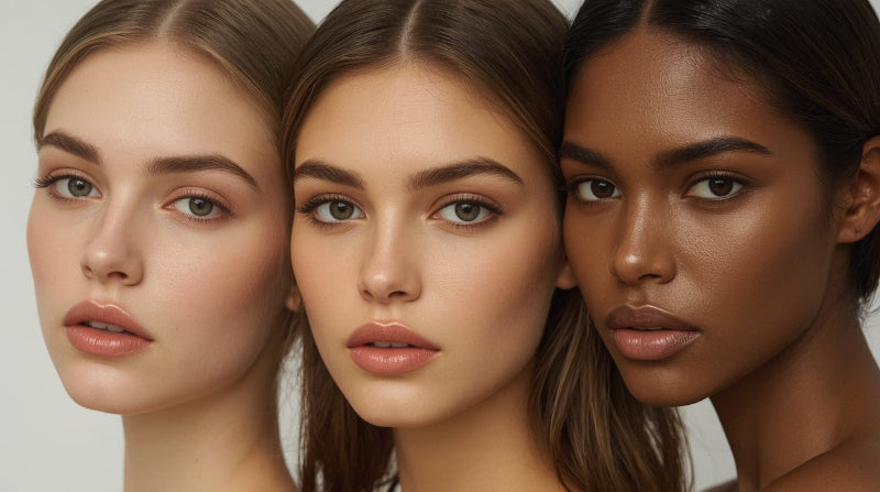 Three women with different skin tones and hairstyles against a neutral background
