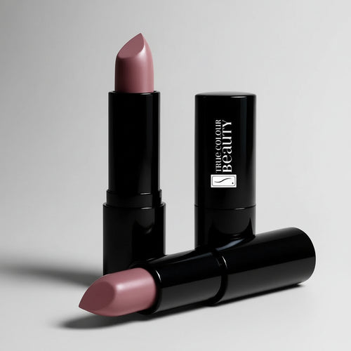 Pink lipstick with black packaging on a white background