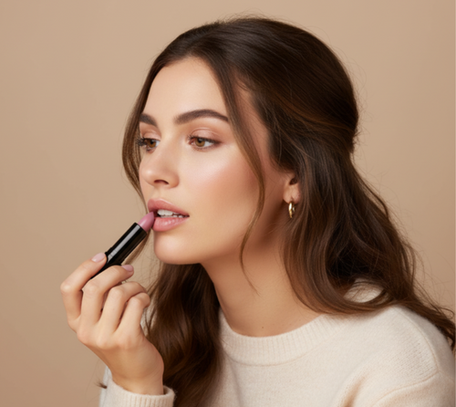 Woman applying lipstick against a beige background