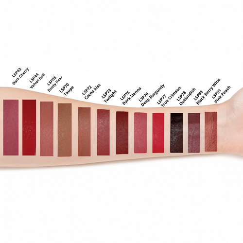 Lipstick swatches on a arm with color names listed