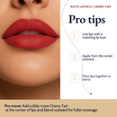 Lips wearing Matte Lipstick beside three pro tips: line, apply from the center out, press to blend.