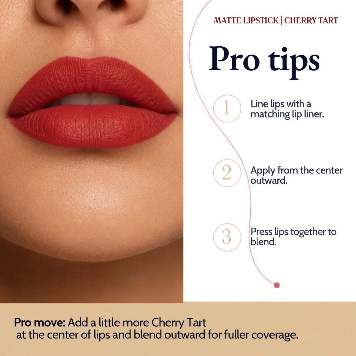 Lips wearing Matte Lipstick beside three pro tips: line, apply from the center out, press to blend.