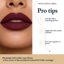 Lips wearing Matte Lipstick beside three pro tips: line, apply from the center out, press to blend.