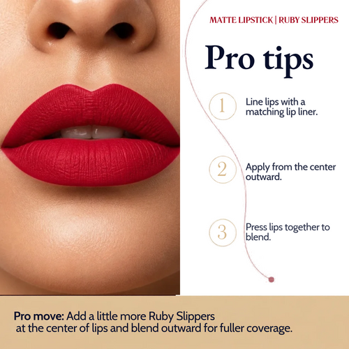 Lips wearing Matte Lipstick beside three pro tips: line, apply from the center out, press to blend.