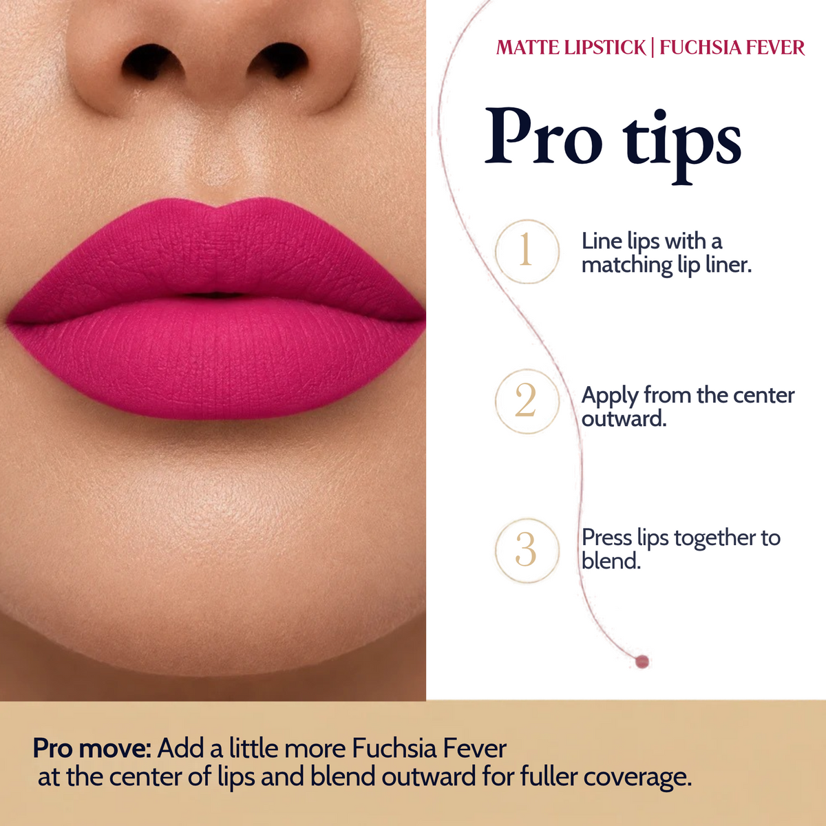 Lips wearing Matte Lipstick beside three pro tips: line, apply from the center out, press to blend.