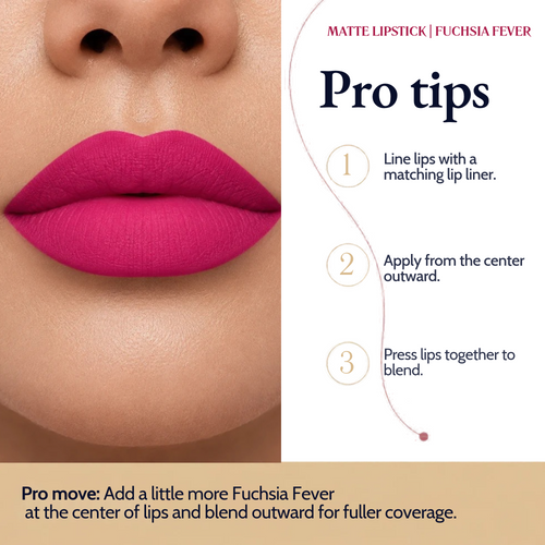 Lips wearing Matte Lipstick beside three pro tips: line, apply from the center out, press to blend.