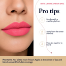Lips wearing Matte Lipstick beside three pro tips: line, apply from the center out, press to blend.