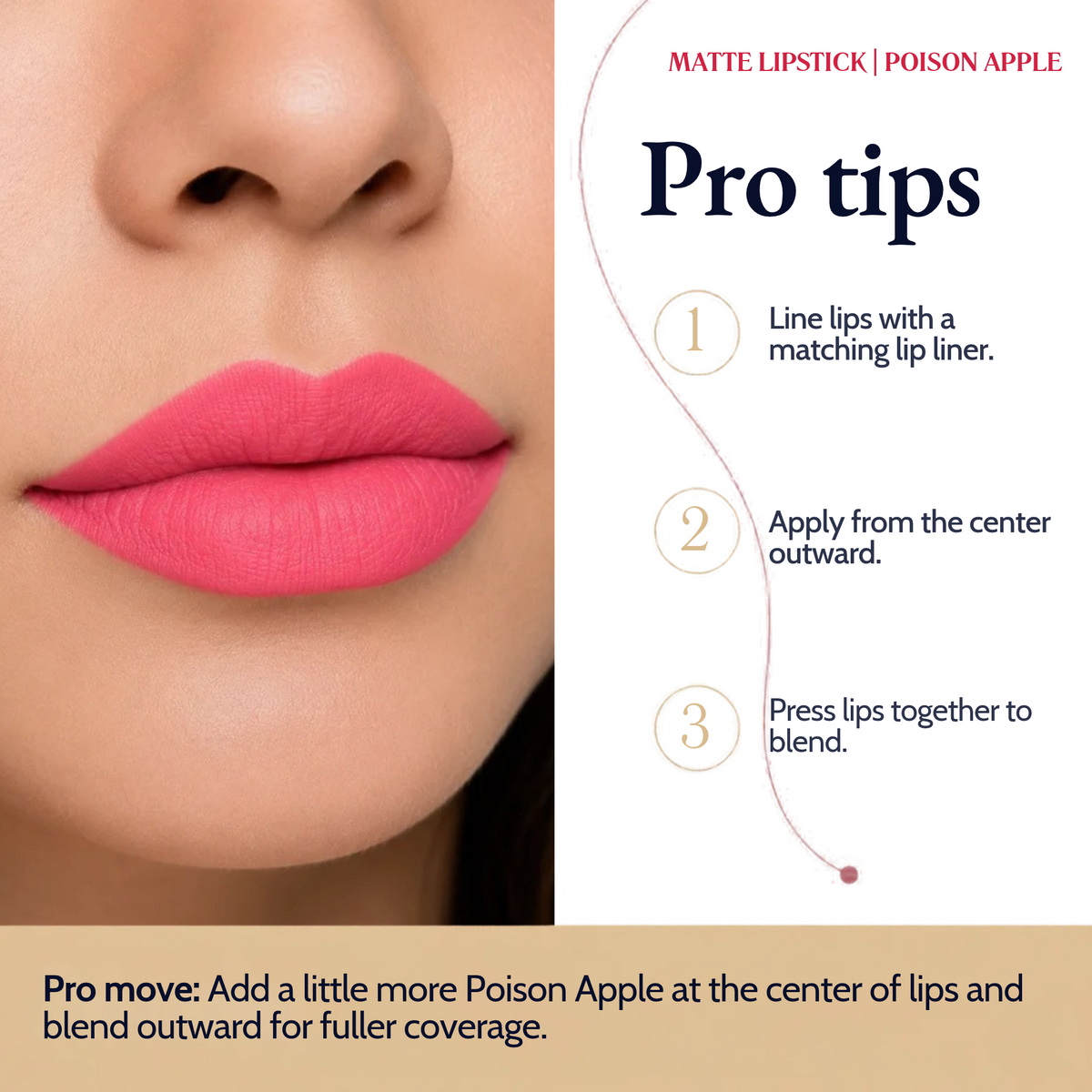 Lips wearing Matte Lipstick beside three pro tips: line, apply from the center out, press to blend.