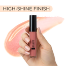 Lip gloss held by a hand with 'True Beauty' branding, labeled 'High-Shine Finish'.