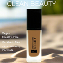 Foundation bottle with 'True Colour Beauty' branding on a beach background, featuring text about product attributes.