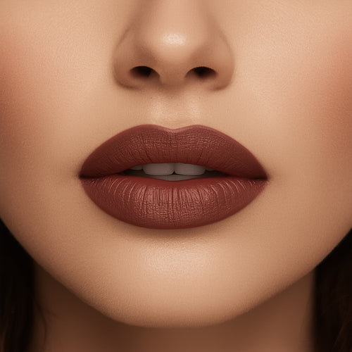 Close-up of a woman's lips with a brown lipstick on a neutral background