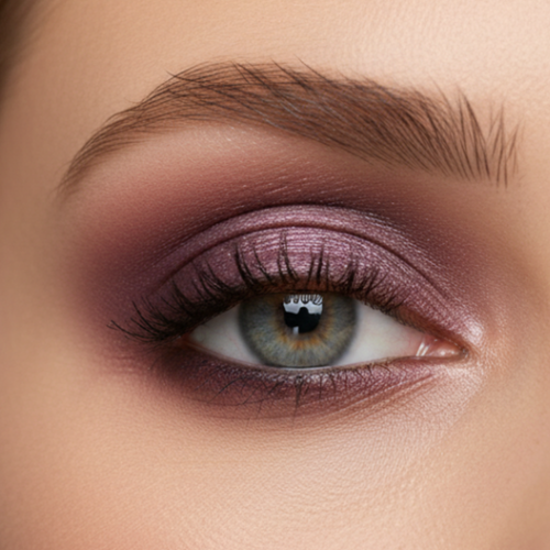 Close-up of a woman's eye with purple eyeshadow