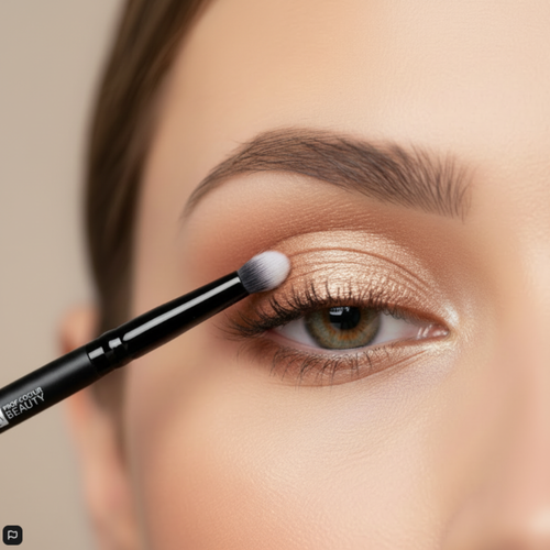 Close-up of a person applying makeup with a brush to their eye, against a neutral background.