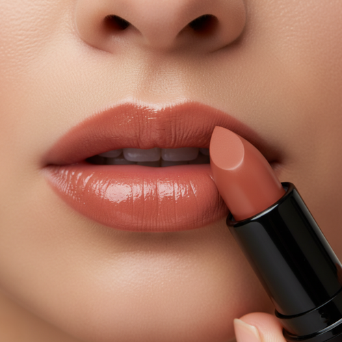 Close-up of a person applying a matte lipstick to their lips.