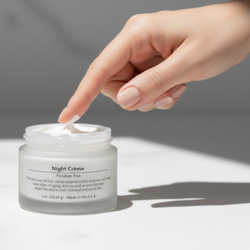 Hand applying night cream from a jar labeled 'Night Crème' on a neutral background